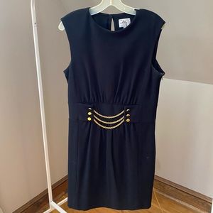 Milly Sleeveless Black Dress with Gold Buttons and Chain Belt